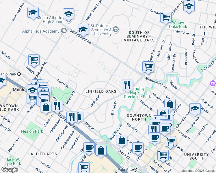 map of restaurants, bars, coffee shops, grocery stores, and more near 293 Waverley Street in Menlo Park