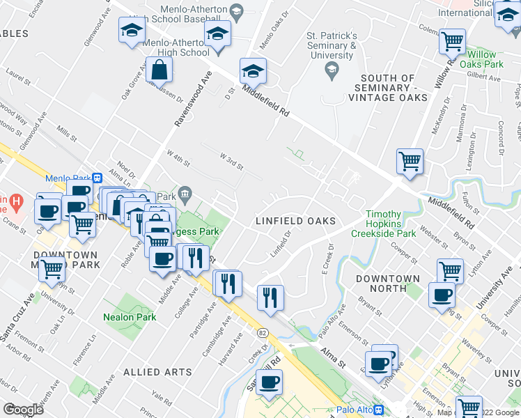 map of restaurants, bars, coffee shops, grocery stores, and more near 341 Waverley Street in Menlo Park