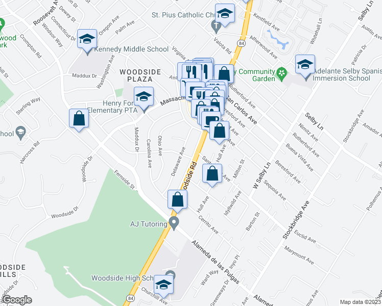 map of restaurants, bars, coffee shops, grocery stores, and more near 1770 Woodside Road in Redwood City