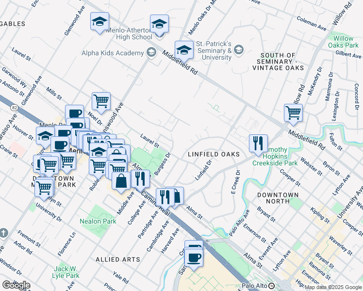 map of restaurants, bars, coffee shops, grocery stores, and more near 360 Waverley Street in Menlo Park