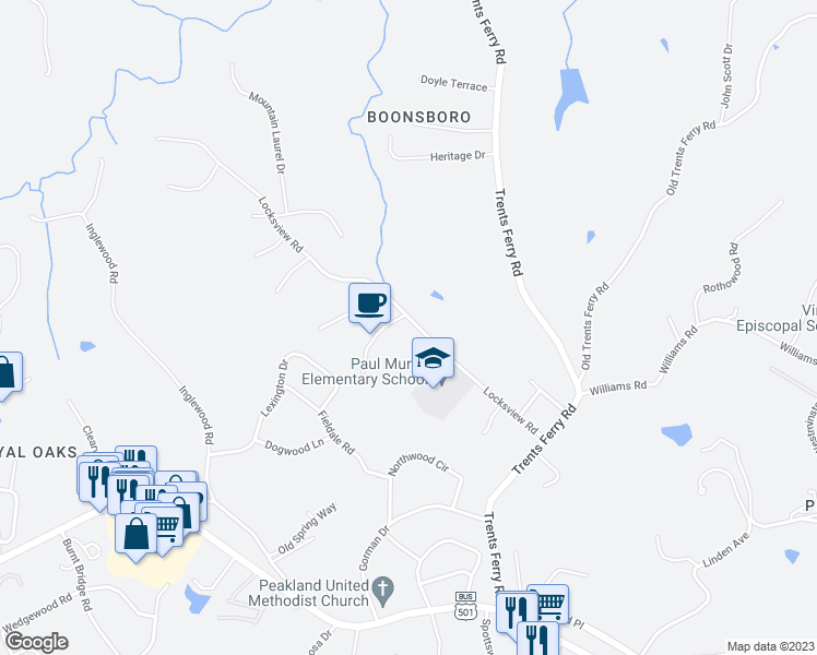 map of restaurants, bars, coffee shops, grocery stores, and more near 4713 Locksview Road in Lynchburg