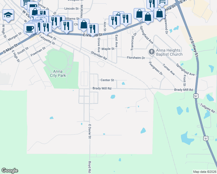 map of restaurants, bars, coffee shops, grocery stores, and more near 232-298 Brady Mill Rd in Anna