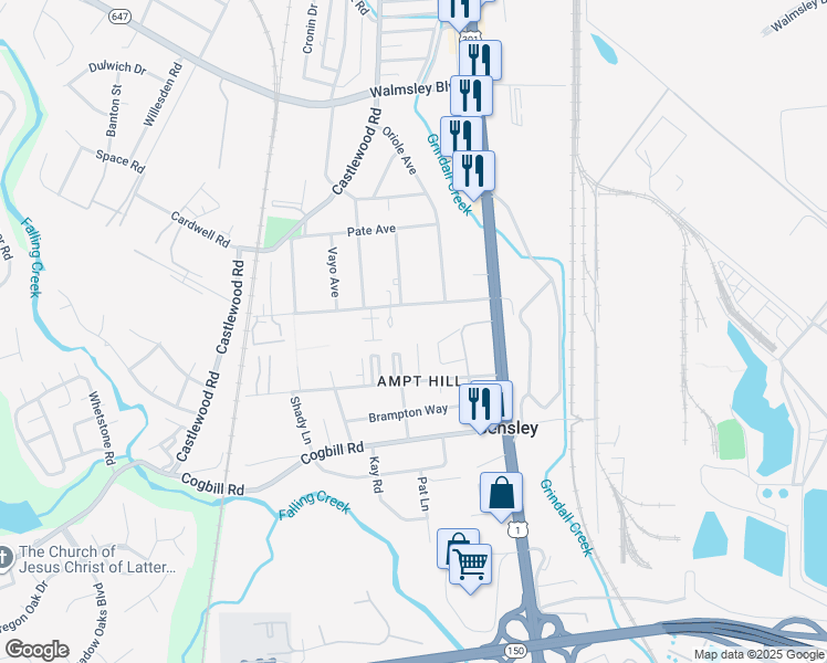 map of restaurants, bars, coffee shops, grocery stores, and more near 2715 Falling Creek Avenue in Bensley