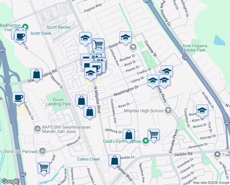 map of restaurants, bars, coffee shops, grocery stores, and more near 137 Washington Drive in Milpitas
