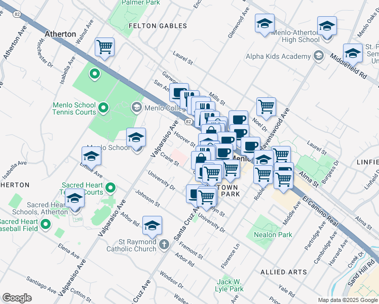 map of restaurants, bars, coffee shops, grocery stores, and more near 702 Elizabeth Lane in Menlo Park