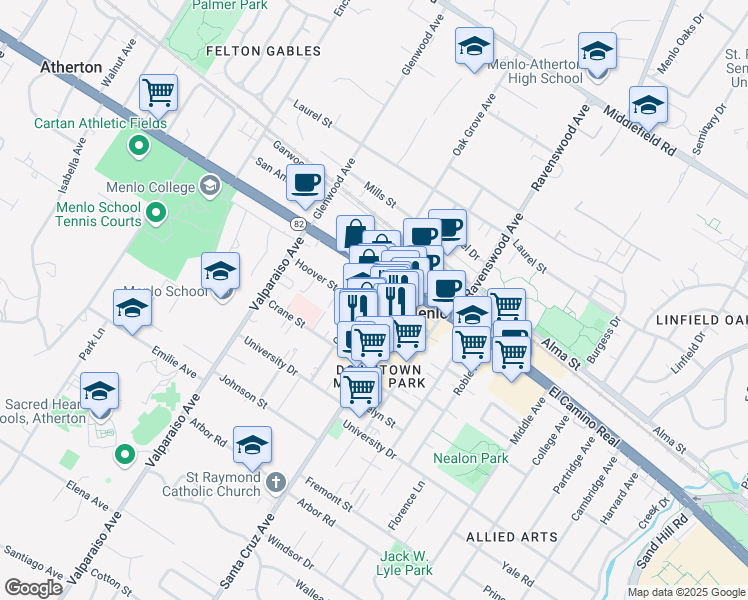 map of restaurants, bars, coffee shops, grocery stores, and more near 1210 Hoover Street in Menlo Park