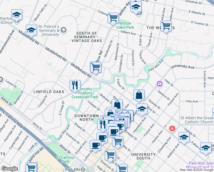 map of restaurants, bars, coffee shops, grocery stores, and more near 128 Middlefield Road in Palo Alto