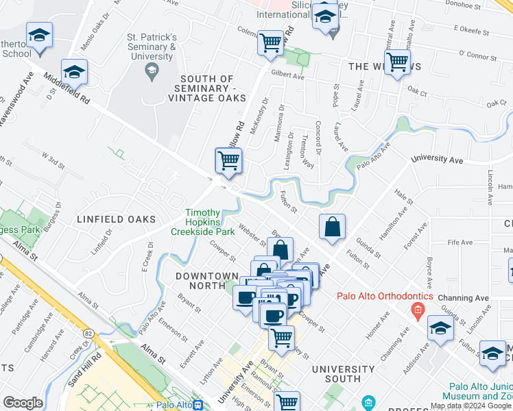 map of restaurants, bars, coffee shops, grocery stores, and more near 128 Middlefield Road in Palo Alto