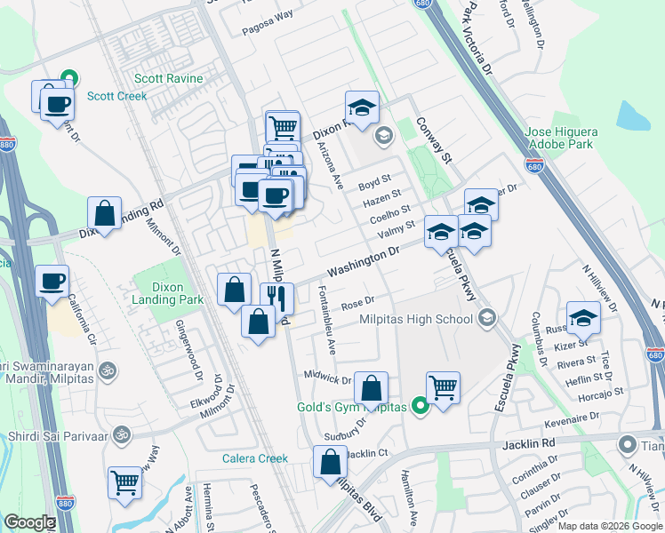 map of restaurants, bars, coffee shops, grocery stores, and more near 137 Washington Drive in Milpitas