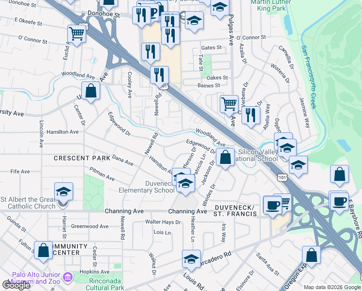 map of restaurants, bars, coffee shops, grocery stores, and more near 1558 Edgewood Drive in Palo Alto