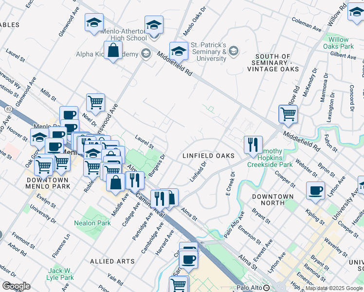 map of restaurants, bars, coffee shops, grocery stores, and more near 341 Waverley Street in Menlo Park
