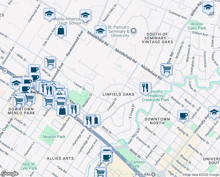 map of restaurants, bars, coffee shops, grocery stores, and more near 341 Waverley Street in Menlo Park