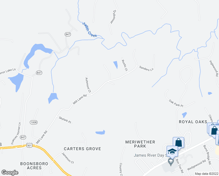 map of restaurants, bars, coffee shops, grocery stores, and more near 208 Mill Lane Road in Lynchburg