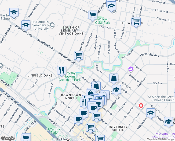 map of restaurants, bars, coffee shops, grocery stores, and more near 128 Middlefield Road in Palo Alto