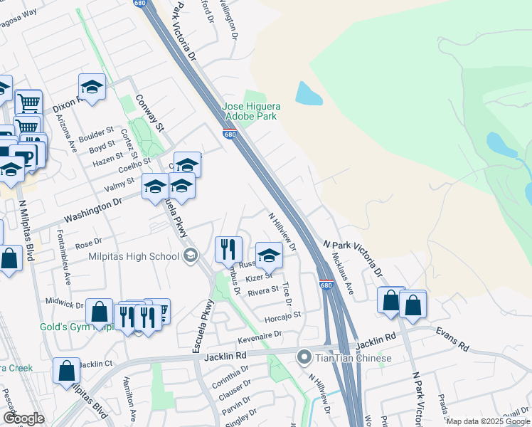 map of restaurants, bars, coffee shops, grocery stores, and more near 888 Founders Lane in Milpitas