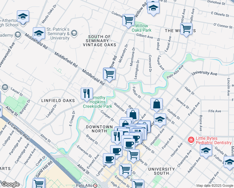 map of restaurants, bars, coffee shops, grocery stores, and more near 660 Palo Alto Avenue in Palo Alto