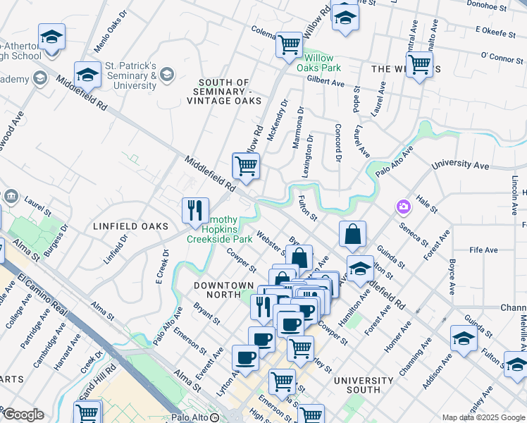 map of restaurants, bars, coffee shops, grocery stores, and more near 660 Palo Alto Avenue in Palo Alto