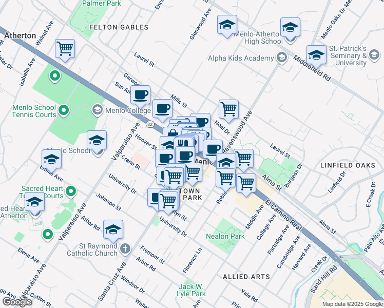 map of restaurants, bars, coffee shops, grocery stores, and more near 642 Santa Cruz Avenue in Menlo Park