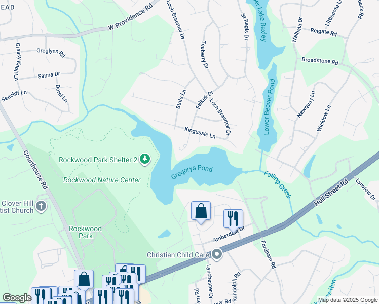 map of restaurants, bars, coffee shops, grocery stores, and more near 2533 Falkirk Drive in Rockwood