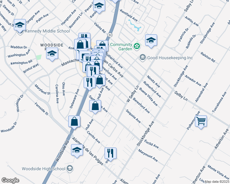 map of restaurants, bars, coffee shops, grocery stores, and more near 319 Sequoia Avenue in Redwood City