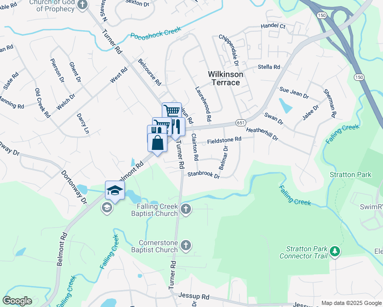 map of restaurants, bars, coffee shops, grocery stores, and more near 4418 Clairton Road in Richmond