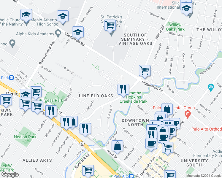 map of restaurants, bars, coffee shops, grocery stores, and more near 829 Paulson Circle in Menlo Park