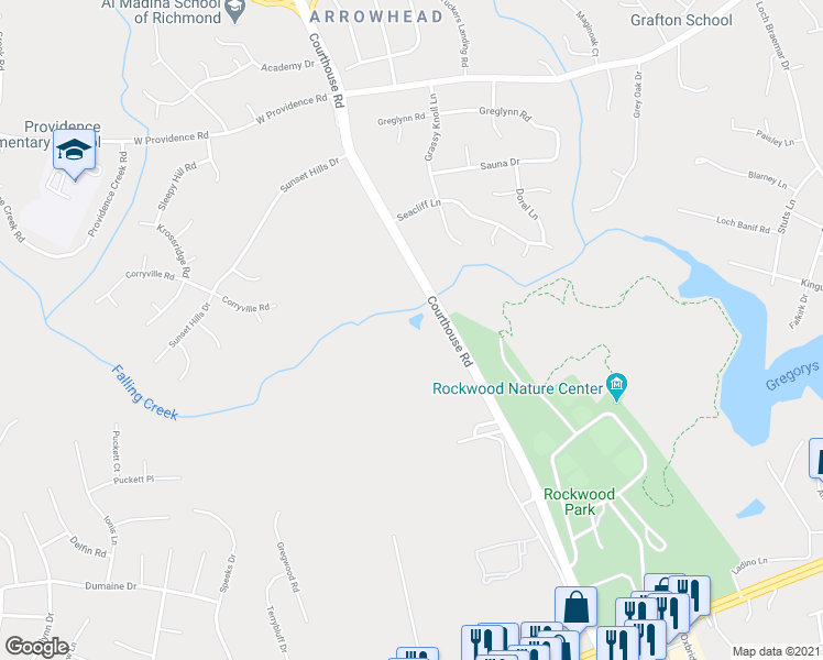 map of restaurants, bars, coffee shops, grocery stores, and more near 2708 Courthouse Road in Richmond