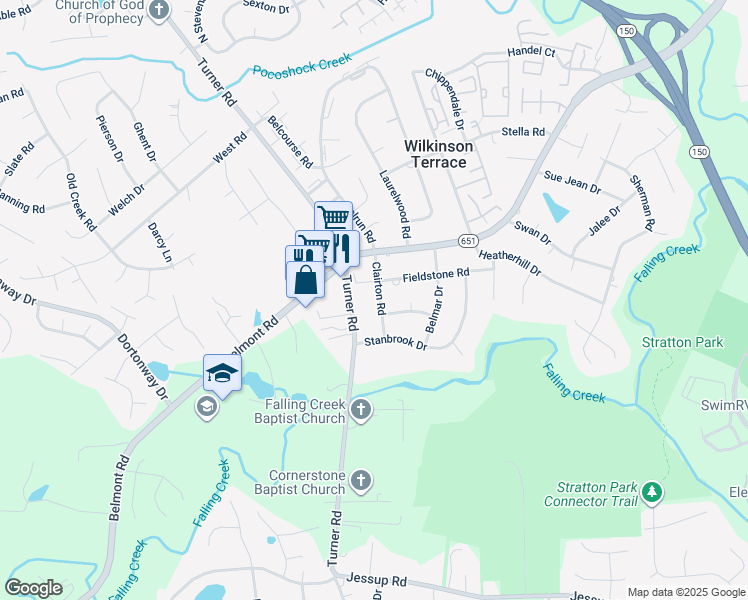 map of restaurants, bars, coffee shops, grocery stores, and more near 4418 Clairton Road in Richmond