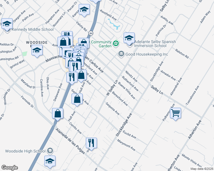 map of restaurants, bars, coffee shops, grocery stores, and more near 1430 West Selby Lane in Redwood City