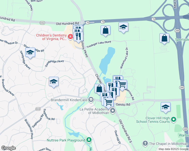map of restaurants, bars, coffee shops, grocery stores, and more near 13608 Cradle Hill Road in Midlothian