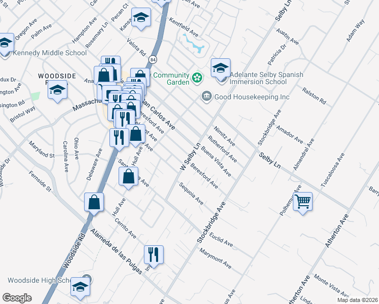 map of restaurants, bars, coffee shops, grocery stores, and more near 1430 West Selby Lane in Redwood City