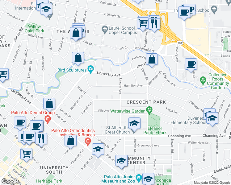 map of restaurants, bars, coffee shops, grocery stores, and more near 1165 Lincoln Avenue in Palo Alto