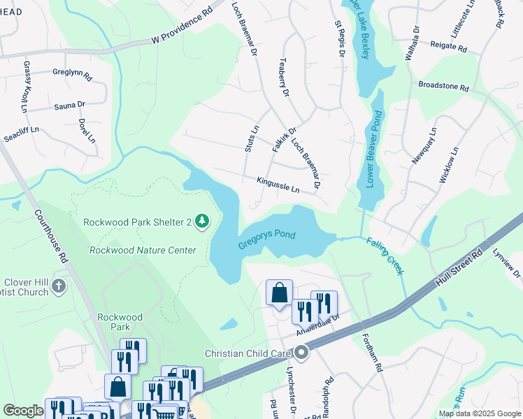 map of restaurants, bars, coffee shops, grocery stores, and more near 2533 Falkirk Drive in Rockwood