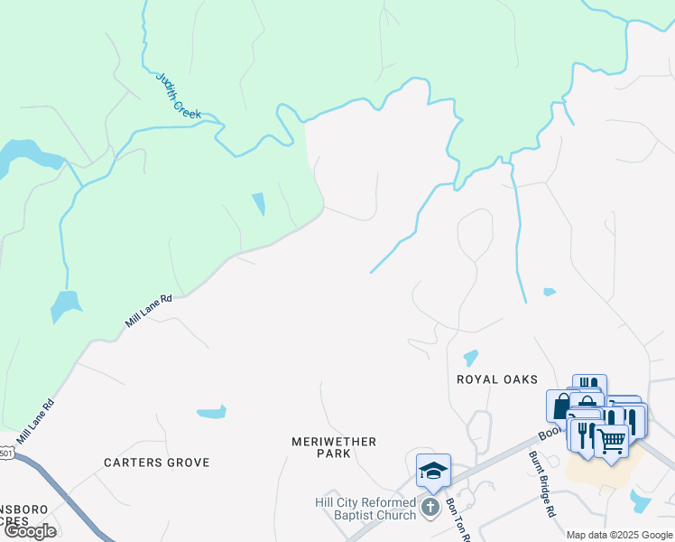 map of restaurants, bars, coffee shops, grocery stores, and more near 600 Meriwether Road in Lynchburg