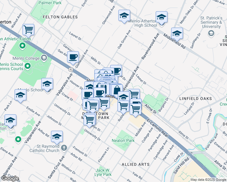 map of restaurants, bars, coffee shops, grocery stores, and more near 1077 El Camino Real in Menlo Park
