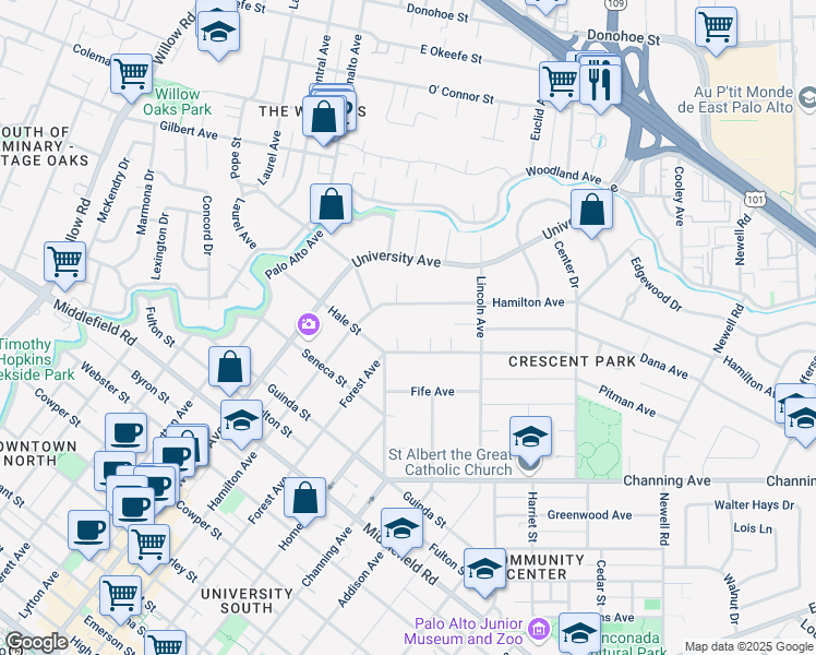 map of restaurants, bars, coffee shops, grocery stores, and more near 1019 Forest Court in Palo Alto