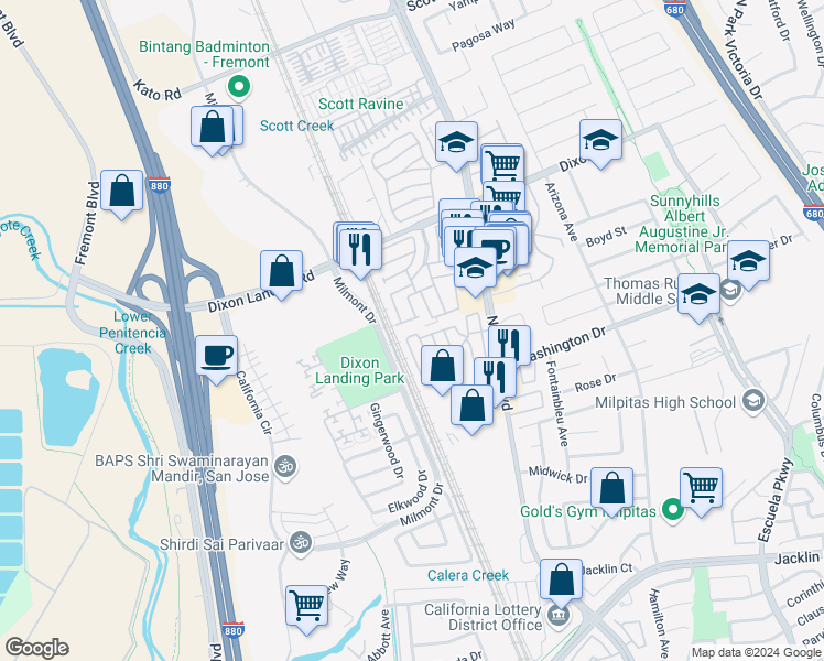 map of restaurants, bars, coffee shops, grocery stores, and more near 1515 North Milpitas Boulevard in Milpitas