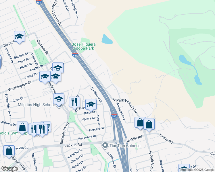 map of restaurants, bars, coffee shops, grocery stores, and more near 990 Carson Way in Milpitas