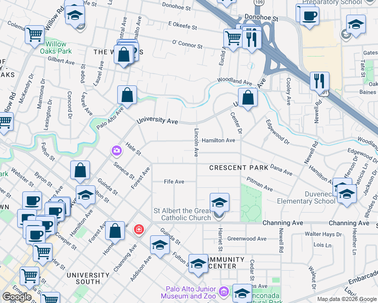 map of restaurants, bars, coffee shops, grocery stores, and more near 1165 Lincoln Avenue in Palo Alto
