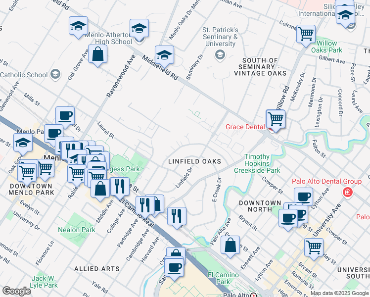 map of restaurants, bars, coffee shops, grocery stores, and more near 302 Sherwood Way in Menlo Park