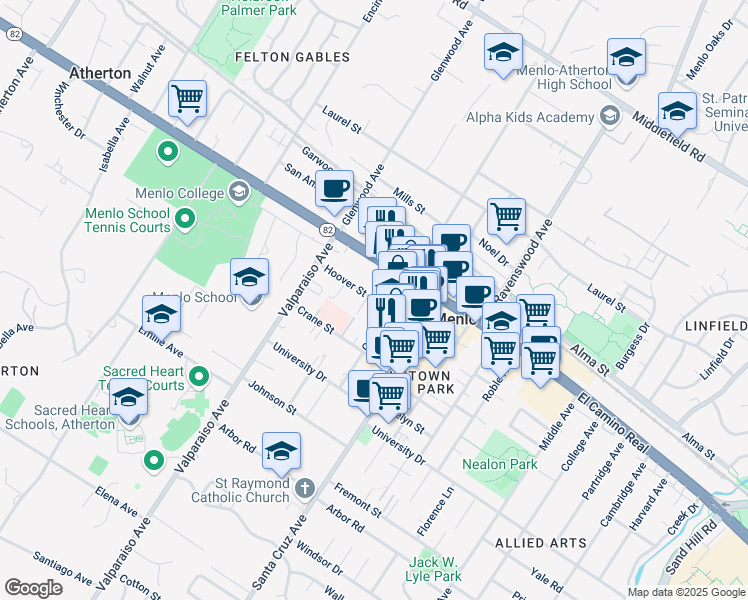 map of restaurants, bars, coffee shops, grocery stores, and more near 1210 Hoover Street in Menlo Park