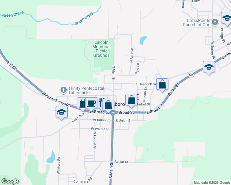 map of restaurants, bars, coffee shops, grocery stores, and more near 300 North Main Street in Jonesboro