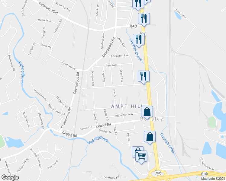 map of restaurants, bars, coffee shops, grocery stores, and more near 5004 Alan Drive in Richmond