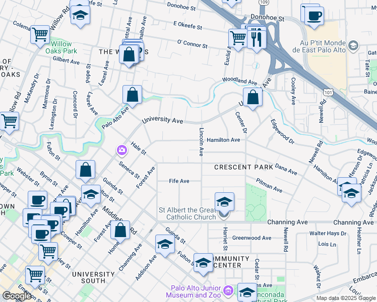 map of restaurants, bars, coffee shops, grocery stores, and more near 1165 Lincoln Avenue in Palo Alto
