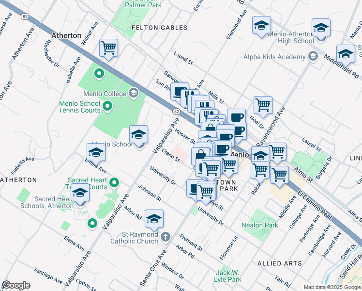 map of restaurants, bars, coffee shops, grocery stores, and more near 1311 Hoover Street in Menlo Park
