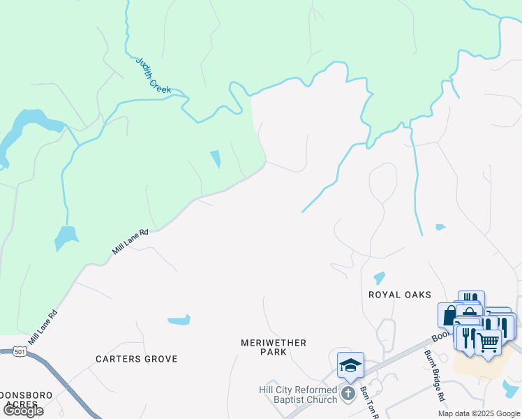 map of restaurants, bars, coffee shops, grocery stores, and more near 624 Meriwether Road in Lynchburg