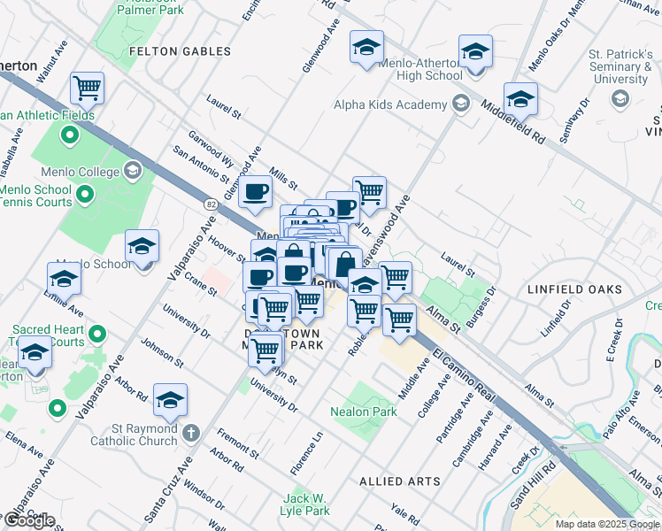 map of restaurants, bars, coffee shops, grocery stores, and more near 1010 El Camino Real in Menlo Park