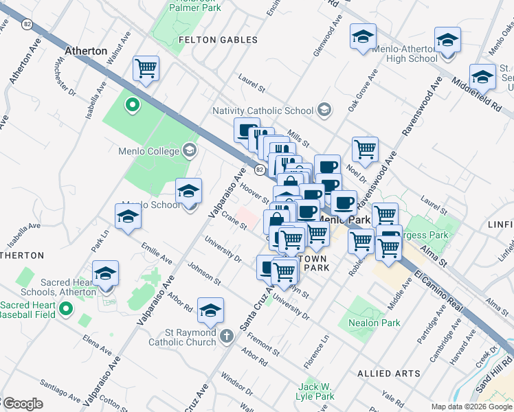 map of restaurants, bars, coffee shops, grocery stores, and more near 702 Elizabeth Lane in Menlo Park
