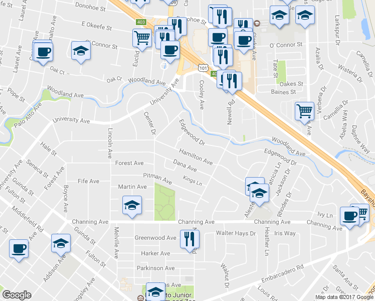 map of restaurants, bars, coffee shops, grocery stores, and more near 1443 Hamilton Avenue in Palo Alto