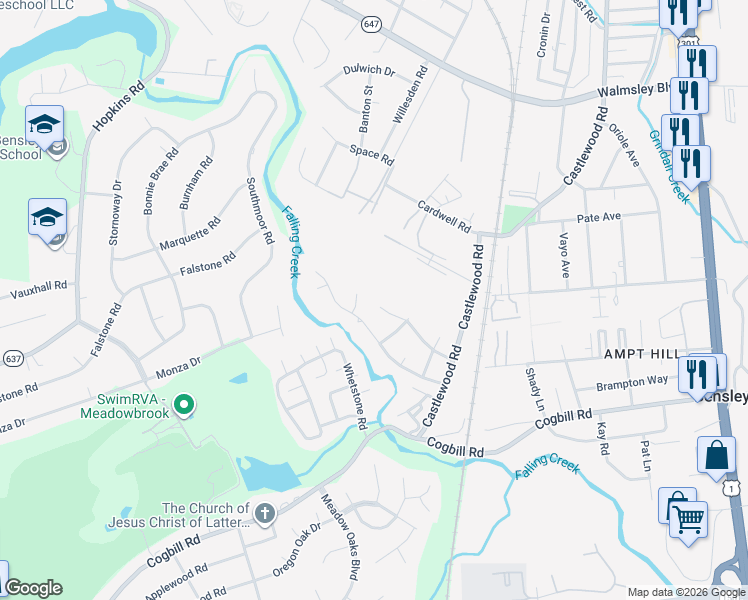 map of restaurants, bars, coffee shops, grocery stores, and more near 3306 Mill Race Road in Richmond
